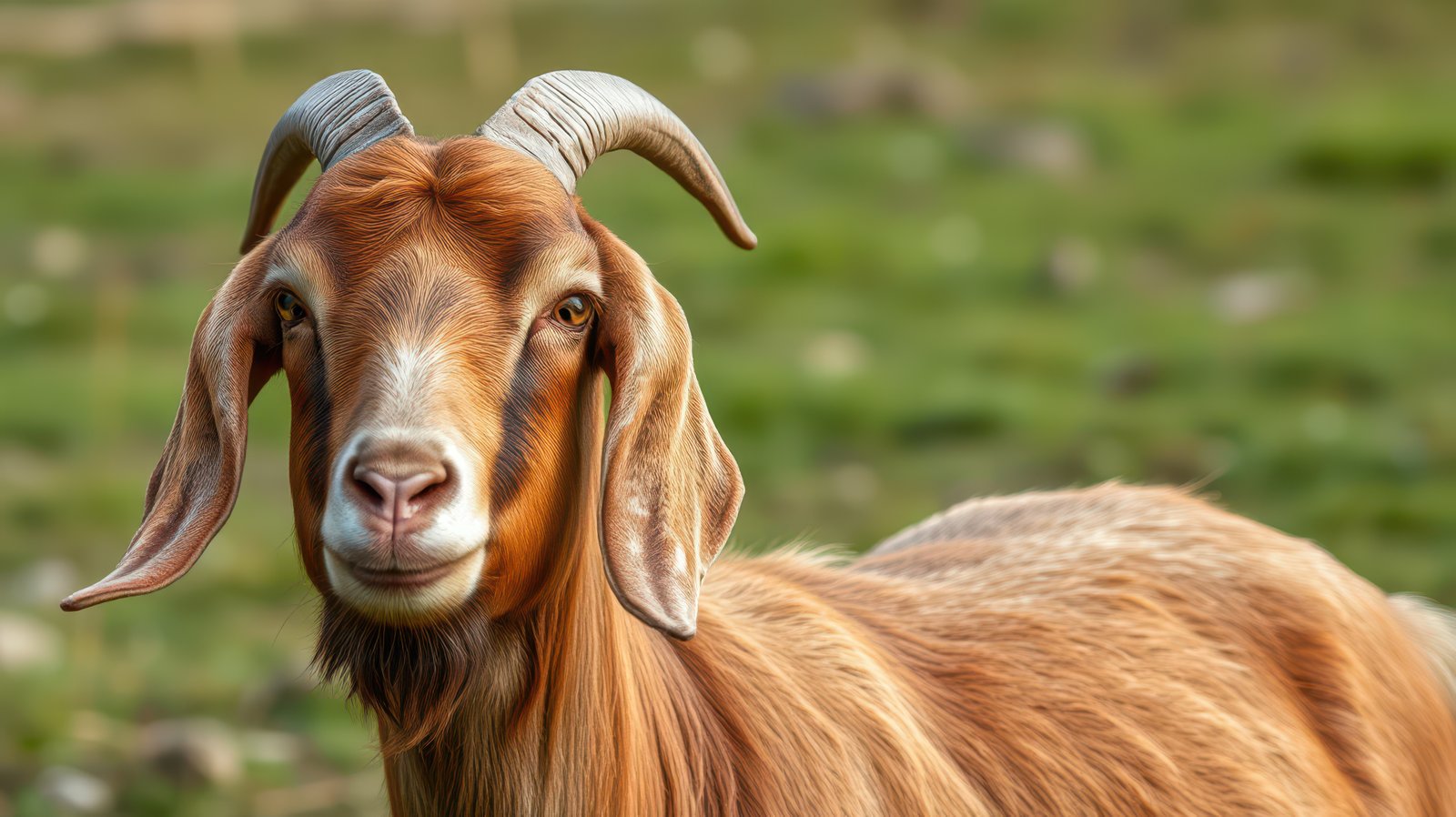 Goat with prominent horns standing in a green meadow on a sunny day